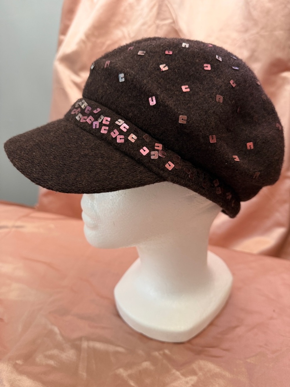 Vintage Nine West Chocolate Brown Sequin Wool Cap